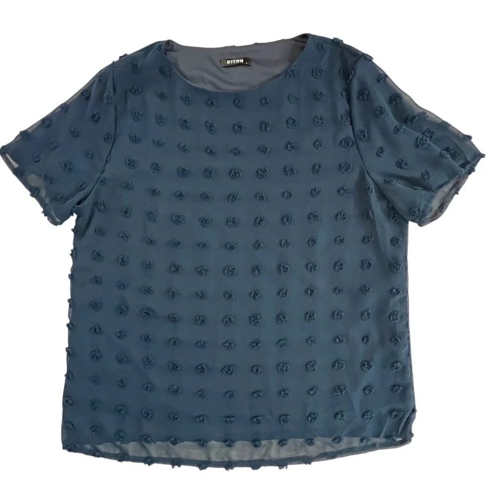 BTFBM Women Blue Textured Polka Swiss Dot Short Sleeve Top Size‎ L Casual Chic